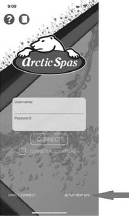 Innloggingssiden i en Arctic Spa -app. Viser at du skal trykke på knappen av valgt oppsett for et nytt massasjebad.