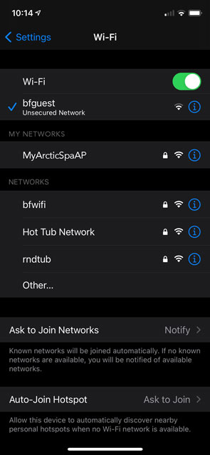 Application screen with a Wifi settings  showing MyArcticSpapAP option