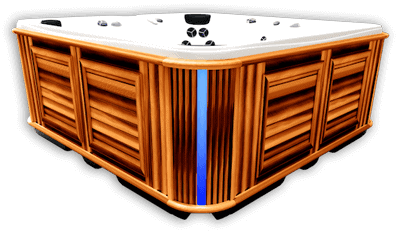 Side view of a hot tub with Corner Accent blue Light turned on